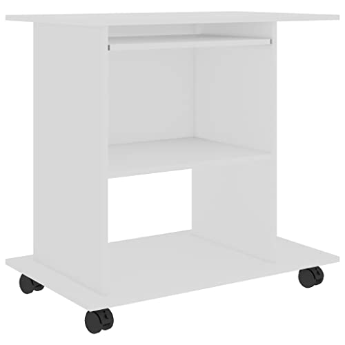 31.5" Mobile Engineered Wood Desk with Sliding Shelf, White | Compact rectangular workstation with rolling wheels, ideal for small spaces in home offices and bedrooms. - color: White, size: Compact