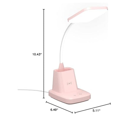 LED Desk Lamp with 10W Wireless Charging & Pen Holder, Pink | CRI 95, 800LM, Stepless Dimming, 3 Modes, 360°Flexible Arm, Touch, Study Table Lamp for Home Office, Dorm Room, with Adapter - color: Pink