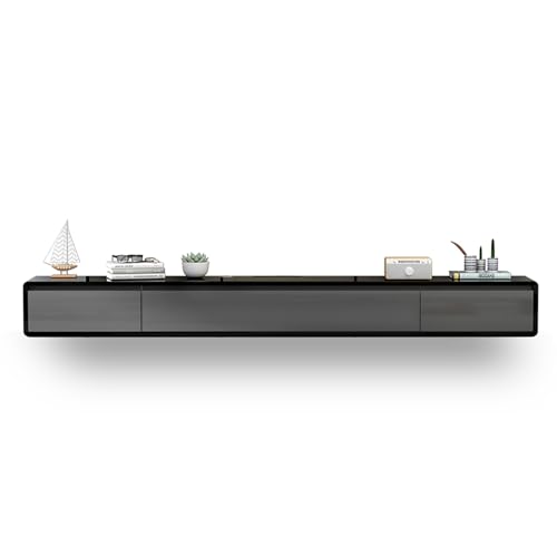 Floating TV Stand In Solid Wood Media Console Centre Floating shelves with doors and drawers Wall Mounted TV Cabinet Easy to assemble Suitable for living room and bedroom(Black+gray,160x24x20cm - color: Black+gray, size: 160x24x20cm
