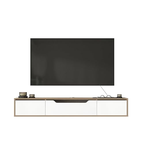 Atelier Mobili Floating TV Stand for Up to 80 Inch TVs – Wall Mounted Media Console with Handle-Free Doors – Modern Entertainment Center with Hidden Storage – White and Oak Finishes (Oak/White) - color: Oak / White