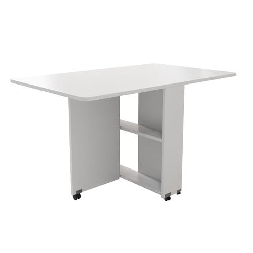 Folding Drop Leaf Dining Table with 6 Wheels & 2-Tier Storage Shelf, Space Saving Convertible Table for 2-6 People, Portable Kitchen Table or Desk for Small Apartments, White