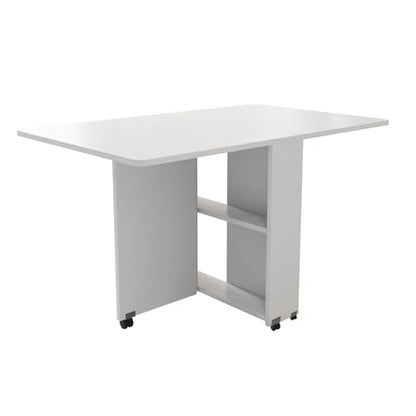 Folding Drop Leaf Dining Table with 6 Wheels & 2-Tier Storage Shelf, Space Saving Convertible Table for 2-6 People, Portable Kitchen Table or Desk for Small Apartments, White