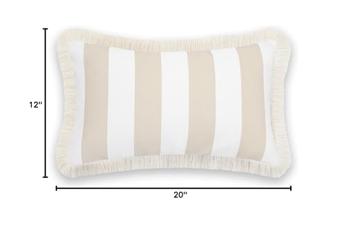 Hofdeco Premium Fall Coastal Patio Indoor Outdoor Lumbar Pillow Cover Only, 12"x20" Water Repellent for Backyard, Couch, Neutral Tan Stripe Fringe - color: Neutral Tan Stripe 12"x20"