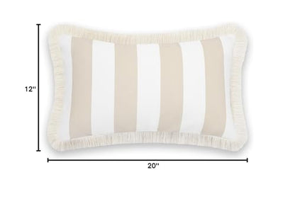 Hofdeco Premium Fall Coastal Patio Indoor Outdoor Lumbar Pillow Cover Only, 12"x20" Water Repellent for Backyard, Couch, Neutral Tan Stripe Fringe - color: Neutral Tan Stripe 12"x20"