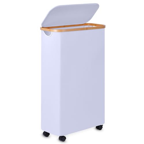 Slim Laundry Basket with Wheels,Narrow Hampers for Laundry(60L White) | Freestanding Laundry Hamper with Lid&Bamboo Handles,Collapsible & Waterproof Tall Cloth Hamper for Dorm Family - color: White, size: 60L with Wheels