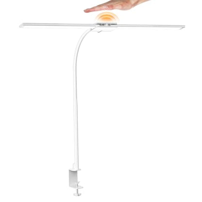 Syrinx LED Desk Lamp, Double Head Gooseneck Desk Lamps for Home Office with Gesture Switch & Wired Control, 12W Bright Modern Desk Light Eye-Caring Office Desk Lamp with Clamp for Crafting Reading