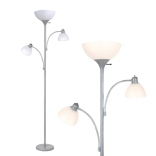 Brightech Sky Dome Double LED Floor lamp, Torchiere Super Bright Floor Lamp with 2 Reading Lamps for Living Rooms & Offices - Dimmable Tall Standing Lamp for Bedroom Reading - Tall Silver Pole - color: Platinum Silver