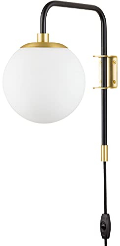 Caserti Black and Gold Plug in Wall Sconce Wall Lighting Modern Frosted Glass Globe Plug Wall Lamp with Plug in Cord Swing Arm Wall Mounted Bedside Lamp with On/Off Switch Wall Light