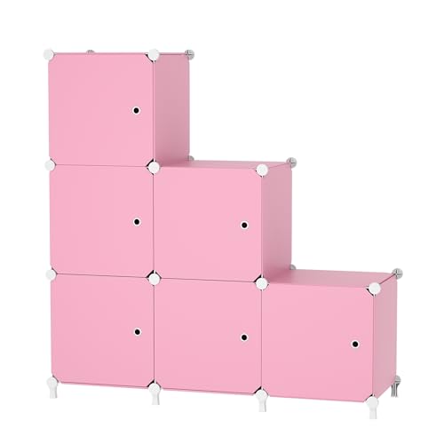 6Cube Storage Organizer Modular Stackable with Doors Pink | Sturdy plastic 6-cube cabinet with doors, 30x30x30cm per cube, tool-free snap assembly, ideal for bedroom, stairs, closet - color: Pink