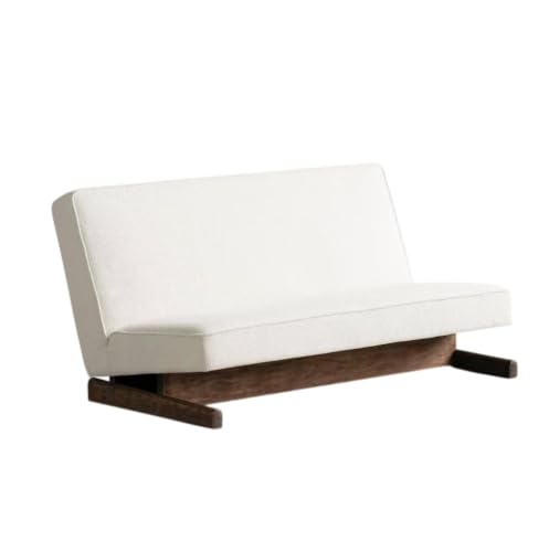 White Armless Loveseat Sofa, Solid Wood Sled Base 2 Seat Lounge Sofa, Low Profile Upholstered Bench Couch for Living Room, Bedroom, Reception Area, Studio and Reading Space