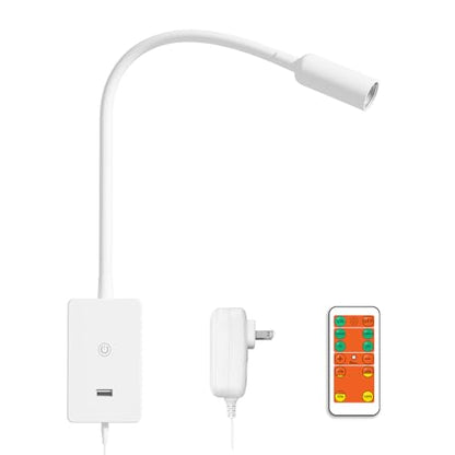 ENUOTEK LED Wall Mounted Reading Light, Bedside Book Lights with Wireless Remote Control for Bed, Flexible Bedroom Spot Lamp, Dimmable Neutral White 4000K Lighting, Timer Function, 5V 2A USB Output - color: White