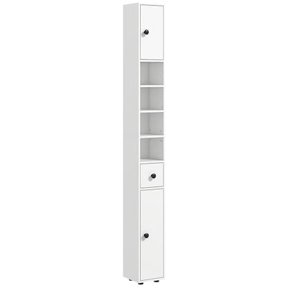 kleankin Narrow Tall Bathroom Storage Cabinet 71" Slim with Drawer White | Freestanding Bathroom Cabinet, Open Shelves, 2 Doors, Adjustable Shelves, Small Spaces