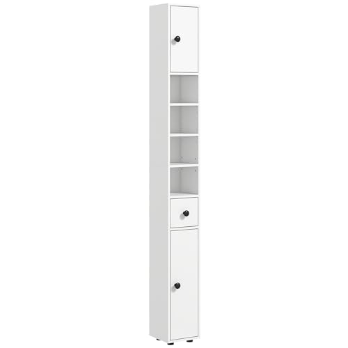 kleankin Narrow Tall Bathroom Storage Cabinet 71" Slim with Drawer White | Freestanding Bathroom Cabinet, Open Shelves, 2 Doors, Adjustable Shelves, Small Spaces