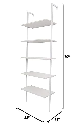 5-Shelf Modern Bookcase, Open Wall Mount Ladder Bookshelf with Industrial Metal Frame for Living Room Bedroom Home Office (White) - color: White
