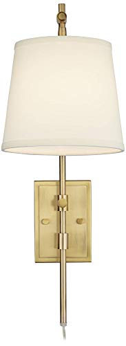 Seline Warm Gold Adjustable Plug-In Wall Lamp with Dimmer Light Fixture | Modern Mounted Dimmable Metal Off White Tapered Drum Shade for Bedroom Bedside House Reading Living Room Home Hallway Dining