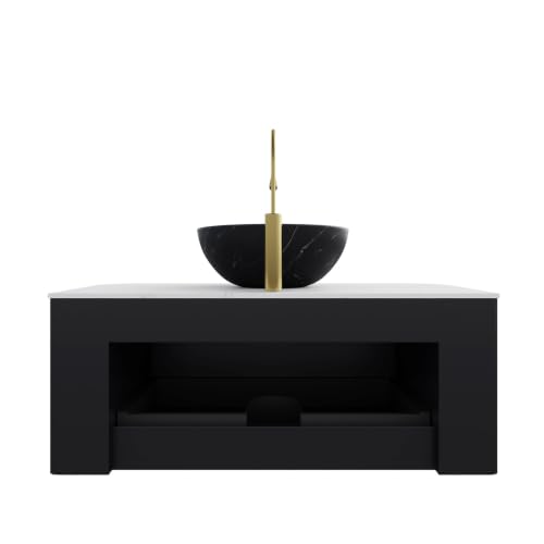 36" Floating Bathroom Vanity with Sink, Wall Mounted Plywood Cabinet, Black Fluted Front, Sintered Stone Countertop, Black Marble-Look Ceramic Bowl Vessel Sink, Soft-Close Drawer, Pre-Assembled - color: Black Cabinet / Black Marble Bowl Sink, size: 36 Inc