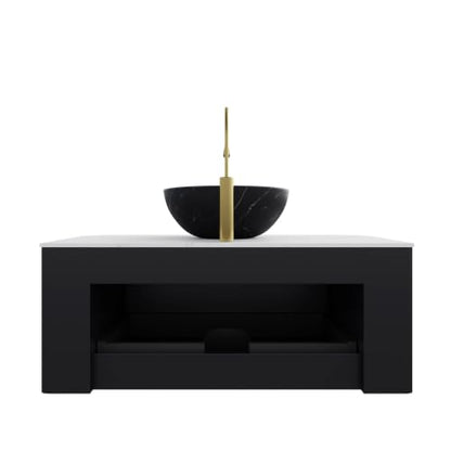 36" Floating Bathroom Vanity with Sink, Wall Mounted Plywood Cabinet, Black Fluted Front, Sintered Stone Countertop, Black Marble-Look Ceramic Bowl Vessel Sink, Soft-Close Drawer, Pre-Assembled - color: Black Cabinet / Black Marble Bowl Sink, size: 36 Inc