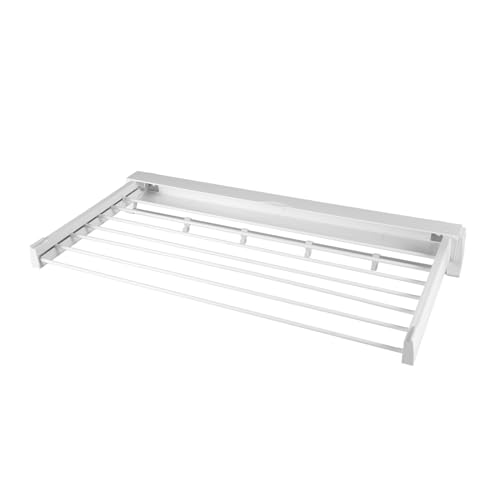 Wall Mounted Clothes Drying Rack with 7 Retractable Rods & 4 Hooks, 33-Inch Foldable Laundry Rack, Space Saving Collapsible Indoor Drying Rack with Wall Template, Heavy-Duty White Aluminum & ABS