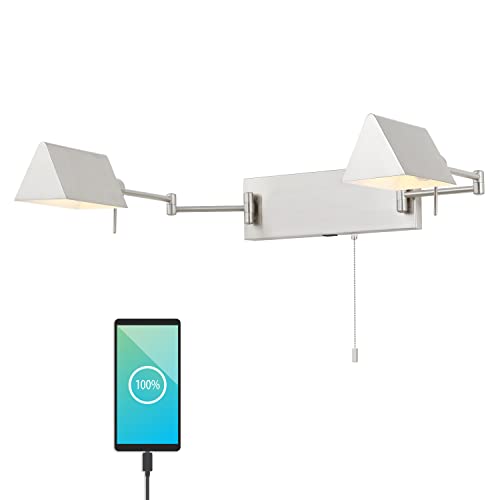JONATHAN Y Arlo 54" 2-Light Double Swing Arm Metal Lamp, Nickel | Industrial Farmhouse Design, Pull Chain Switch, USB Charging Port, Hardwired, Adjustable Shades, LED Bulbs Included - color: Nickel, size: 2-Light