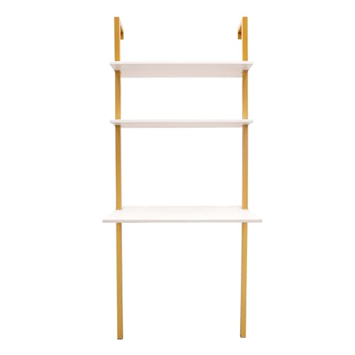 Industrial Wall Mount Desk, 3-Tier Ladder Computer Desk, 30inch Floating Computer Writing Table with Storage Shelves for Home Office Small Spaces (Gold+White) - color: Gold+white
