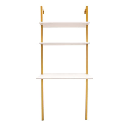 Industrial Wall Mount Desk, 3-Tier Ladder Computer Desk, 30inch Floating Computer Writing Table with Storage Shelves for Home Office Small Spaces (Gold+White) - color: Gold+white