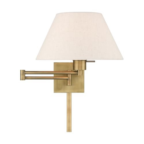 Livex Lighting 40038-01 1-Light Swing Arm Wall Light, Antique Brass | Oatmeal Fabric Shade - color: Antique Brass