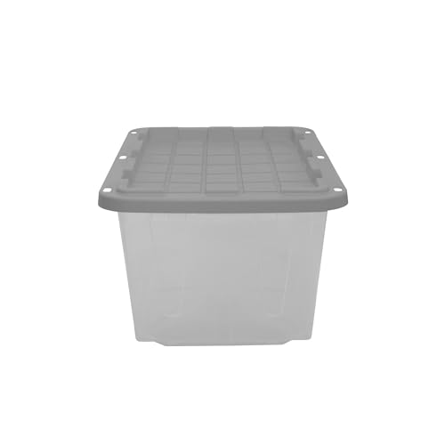 CX 27-Gallon Heavy Duty Clear Stackable Storage Bins with Lids, 2 Pack | Clear plastic totes for garage organization, Stackable, weather-resistant, snap lids, 14.3H x 20.6W x 30.6D, Clear/gray - size: 2 Pack, style: Clear & Gray