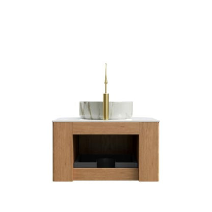 24" Floating Bathroom Vanity with Sink, Wall Mounted Plywood Cabinet, Natural Wood Grain Fluted Front, Sintered Stone Countertop, White Marble-Look Ceramic Vessel Sink, Soft-Close Drawer - color: Natural Oak Cabinet / White Marble Sink, size: 24 Inch