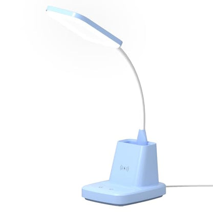 LED Desk Lamp with 10W Wireless Charging & Pen Holder, Blue | CRI 95, 800LM, Stepless Dimming, 3 Modes, 360°Flexible Arm, Touch, Study Table Lamp for Home Office, Dorm Room, with Adapter - color: Blue