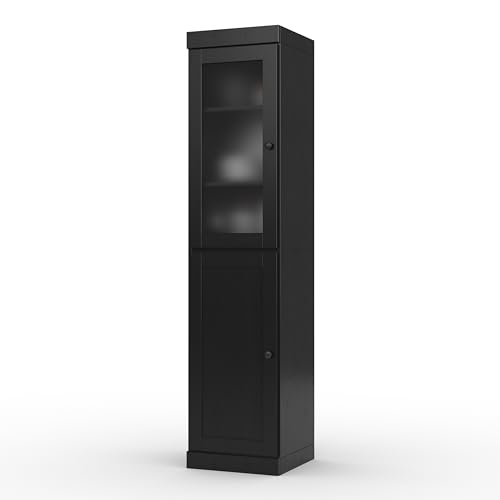 100% Solid Wood 16.5"" Pantry Cabinet with Raised Panel Doors & Adjustable Shelves - color: Black, style: Frosted Glass Top Door / Shaker Bottom Door Hybrid