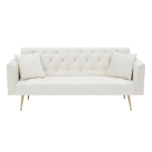 71" Modern Velvet Sofa Bed Futon, Convertible Sleeper Couch, Adj. Backrest | Tufted Recliner Loveseat Design with Golden Chrome Legs & 2 Pillows, Perfect for Small Spaces, Living Room, Apartment - color: Beige