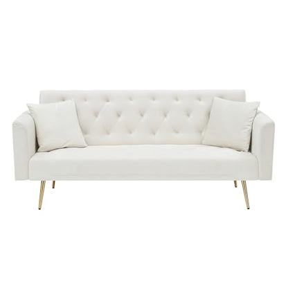 71" Modern Velvet Sofa Bed Futon, Convertible Sleeper Couch, Adj. Backrest | Tufted Recliner Loveseat Design with Golden Chrome Legs & 2 Pillows, Perfect for Small Spaces, Living Room, Apartment - color: Beige