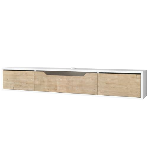 Atelier Mobili Floating TV Stand for Up to 80 Inch TVs – Wall Mounted Media Console with Handle-Free Doors – Modern Entertainment Center with Hidden Storage – White and Oak Finishes (White/Oak) - color: White / Oak