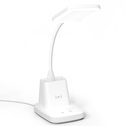 LED Desk Lamp with 10W Wireless Charging & Pen Holder, Snow White | CRI 95, 800LM, Stepless Dimming, 3 Modes, 360°Flexible Arm, Touch, Study Table Lamp for Home Office, Dorm Room, with Adapter - color: Snow White