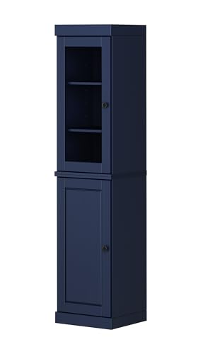 Solid Wood Kitchen Pantry - Narrow Storage Cabinet - 16.5" Wide x 71.5" Tall - 1 Raised Panel & 1 Glass Door, Navy Blue, Adjustable Shelves, 100% Eco-Friendly Wood, Modular Cabinets - color: Navy Blue, style: Clear Glass Top Door / Raised Panel Bottom Doo