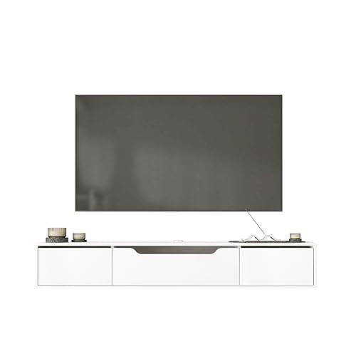 Atelier Mobili Floating TV Stand for Up to 80 Inch TVs – Wall Mounted Media Console with Handle-Free Doors – Modern Entertainment Center with Hidden Storage – White and Oak Finishes (White) - color: White