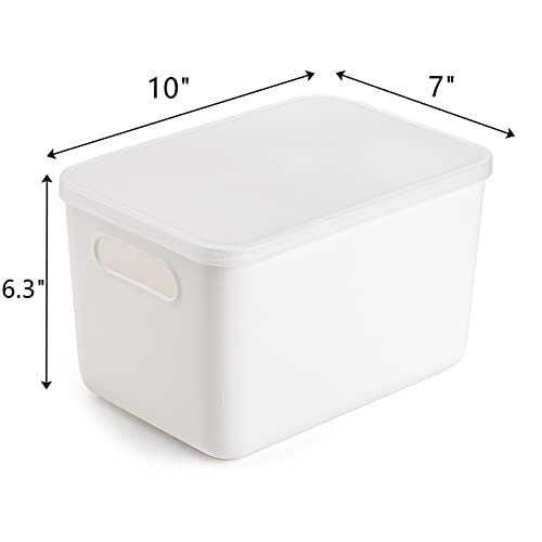 Lawei 4 Pack Plastic Storage Bins with Lid, White Stackable Storage Basket Organizer Box, Sturdy Containers Organizing Lidded Bins for Shelves, Cabinet, Desk, Pantry, Bedroom, Book, Toys