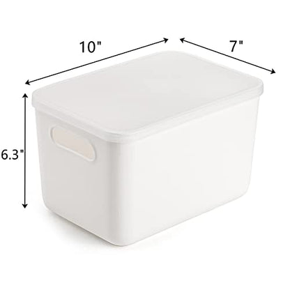 Lawei 4 Pack Plastic Storage Bins with Lid, White Stackable Storage Basket Organizer Box, Sturdy Containers Organizing Lidded Bins for Shelves, Cabinet, Desk, Pantry, Bedroom, Book, Toys