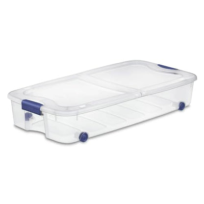 Large Storage Bin 66 Quart, Clear Underbed Storage Container with Latching Lid and 4 Wheels, Blue Plastic Organizer for Bedroom, Closet, or Home
