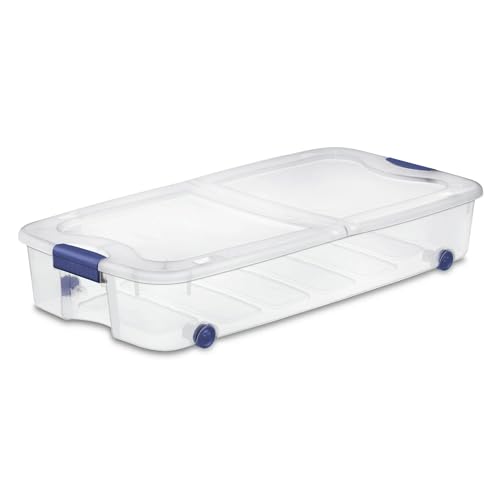 Large Storage Bin 66 Quart, Clear Underbed Storage Container with Latching Lid and 4 Wheels, Blue Plastic Organizer for Bedroom, Closet, or Home