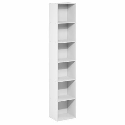 Furinno LUDER 6-Tier Narrow Book Shelf, Slim Bookshelf, White | 9.4 x 12.1 x 63.3, Open Shelf, Standing Bookcase, for Home Office, Living Room, Bedroom - color: White, size: 6-Tier, 12W