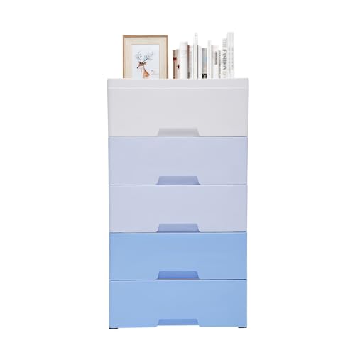 Gradient Blue Drawers,5-Tier Storage Tower with 5 Drawer and 4 Wheels, Storage Organizer Rack, Movable Storage Tall Small Cabinet for Rooms, Sofa(Gradient Blue) - color: Gradient Blue
