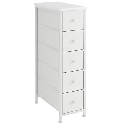 Narrow Dresser, 19" Wide Narrow Nightstand Dresser Storage Tower with 5 Drawers, Slim Fabric Dressers Chest of Drawers for Small Spaces, Wood Top & Fabric Bins for Bedroom Bathroom Closet (White) - color: White