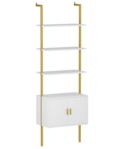 Yusong 73" Tall Bookshelf with Cabinet, Industrial Ladder Wall Mount Shelf Bookcase with Wood and Metal Frame, Plant Shelf Wall Storage Display for Living Room Bedroom, White Gold - color: White