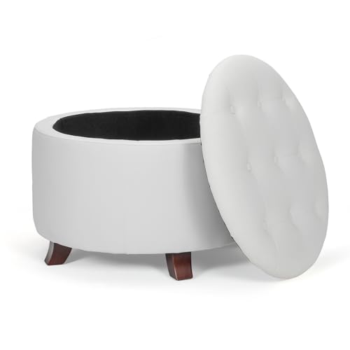 Athena Collection 24.5 Inch Small Ottoman with Storage, Round PU Leather Storage Ottoman Foot Rest with Removable Lid, Multipurpose Footstool Footrest for Livingroom, Bedroom, Dorm, White - color: White, size: 24.5"D x 24.5"W x 17"H