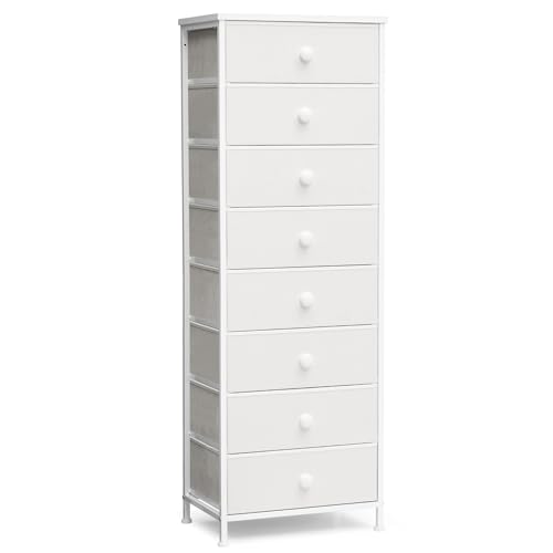 Fabric Dresser for Bedroom, 8 Drawer Tall Vertical Skinny Tower (White) | Wooden Top, Steel Frame, Easy Pull Bin,Organizer Unit for Living Room, Hallway, Entryway, Nursery, Closets - color: White, style: Narrow-8 Drawers