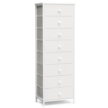 Fabric Dresser for Bedroom, 8 Drawer Tall Vertical Skinny Tower (White) | Wooden Top, Steel Frame, Easy Pull Bin,Organizer Unit for Living Room, Hallway, Entryway, Nursery, Closets - color: White, style: Narrow-8 Drawers