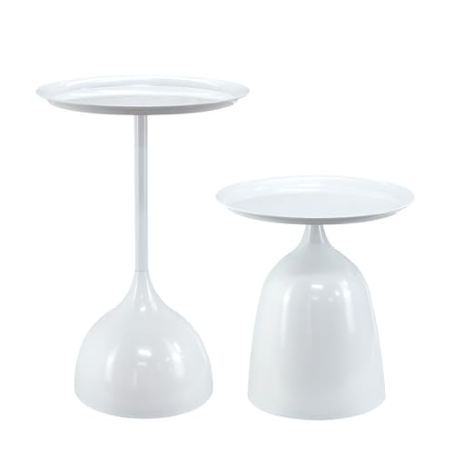 Benkyo White Nesting Tables Pedestal Coffee Table Set of 2 Nesting Side Tables Round Metal End Table Small Circle Modern Sofa Table for Living Room，White - color: White