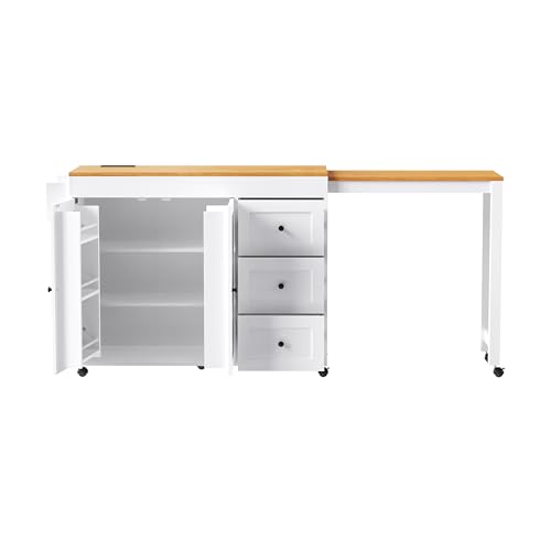Kitchen Island, Extendable Dining Table with Power Outlet | Extendable dining table expands from prep station to dining table, seats up to 2 extra guests, saves space when closed - color: White2