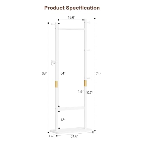 Solid Wood Coat Rack Freestanding, 71" Heavy Duty Clothes Rack with Dual Rods & Hooks, Stable Space Saving Hall Tree Entryway Organizer for Bedroom, Living Room (White) - color: White